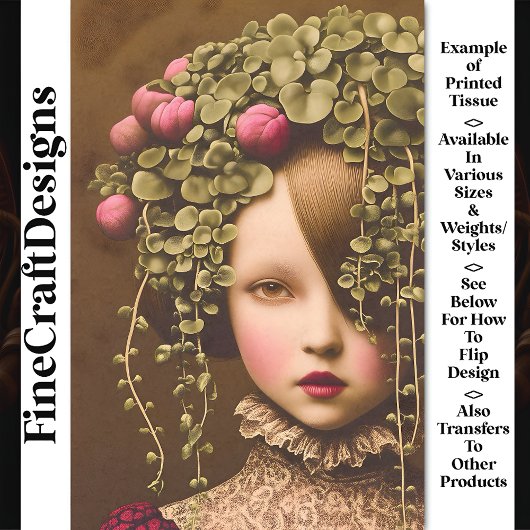 Victoriaans Meisje, Roze Buds Groene Wijnstok BF2  Tissuepapier