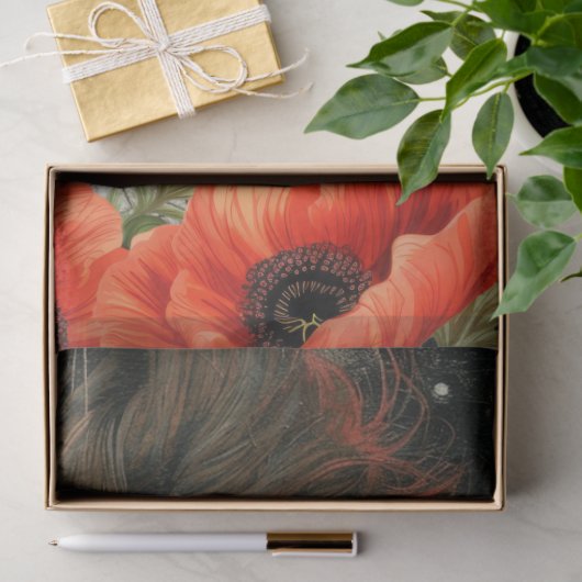 Victoriaans Meisje Zwarte Kat Rode Poppies Abstrac Tissuepapier (Geschenk)