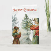 Victoriaans meisjes bouwen een sneeuwpop kaart (Voorkant)