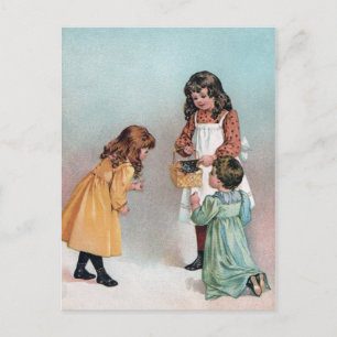 Victoriaans meisjes met Kitten in mandje Briefkaart