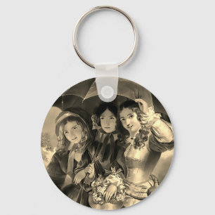 Victoriaans meisjes paraplu regenachtige dag sepia sleutelhanger