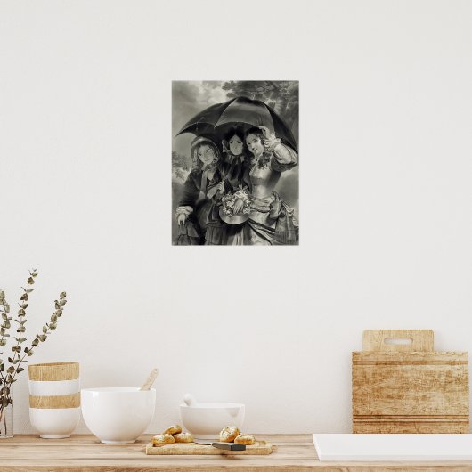Victoriaans meisjes paraplu regenachtige dag Victo Poster (Keuken)