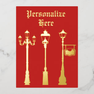 Victoriaans messing Lamp post lantaarn rood goud Folie Feestdagen Briefkaart