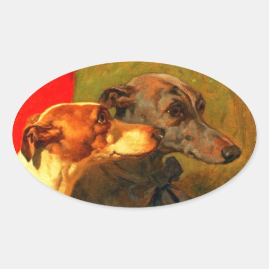 VICTORIAANS MINIATURE DOG PORTRAITS Greyhounds Ovale Sticker (Voorkant)