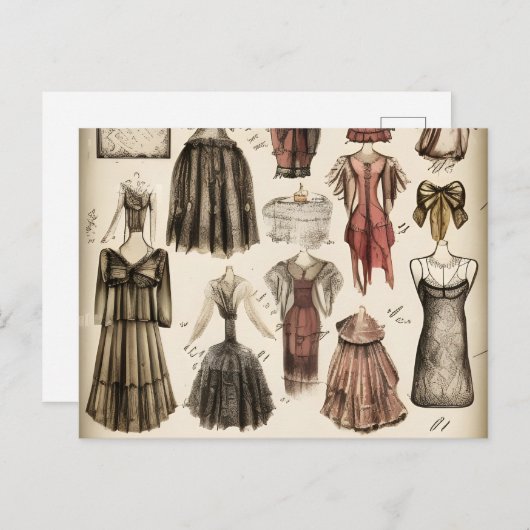 Victoriaans Mode Ontwerppotloodschets Briefkaart (Voorkant / Achterkant)