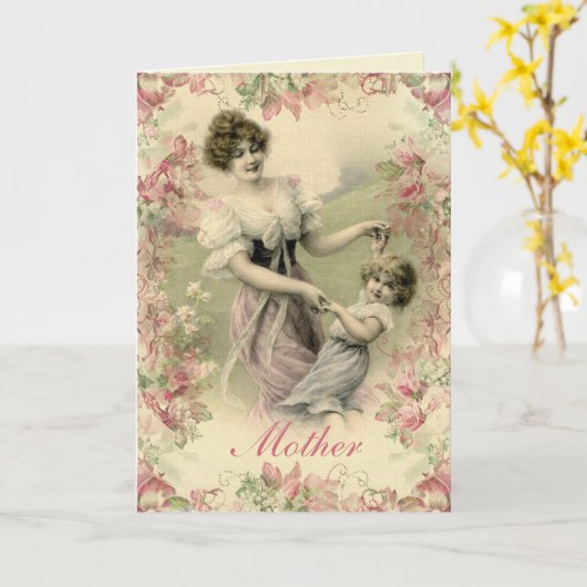 Victoriaans moeder en kind  Moederdag Kaart (Gele Bloem)
