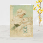 Victoriaans Moeder Holding Kind Moederdag Kaart (Gele Bloem)