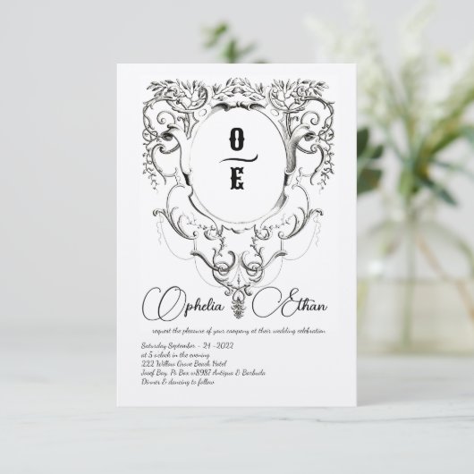 Victoriaans Monogram crest bruiloft Kaart (Staand voorkant)