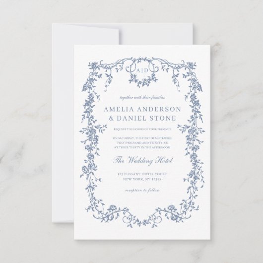 Victoriaans Monogram Frans Blauw Bloemen Bruiloft Kaart (Voorkant)