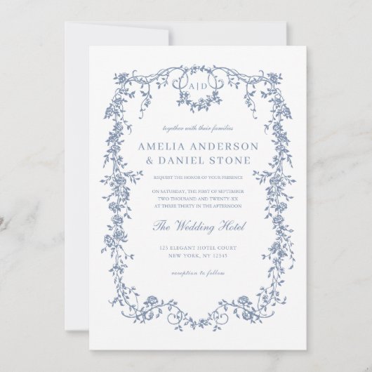 Victoriaans Monogram Frans Blauw Bloemen Bruiloft Kaart (Voorkant)