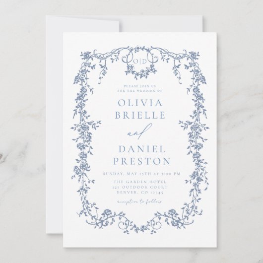 Victoriaans Monogram Frans Blauw Bloemen Bruiloft Kaart (Voorkant)