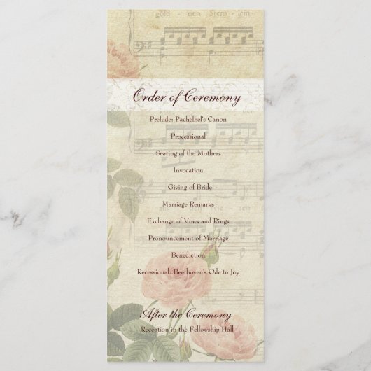 Victoriaans muziek en Roos huwelijksprogramma Programmakaart (Achterkant)