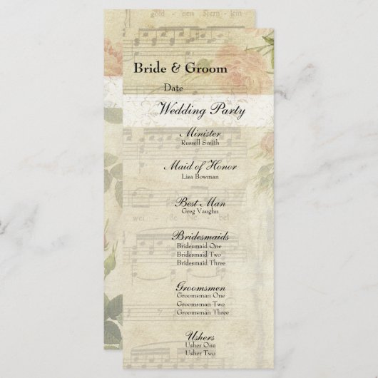 Victoriaans muziek en Roos huwelijksprogramma Programmakaart (Voorkant / Achterkant)