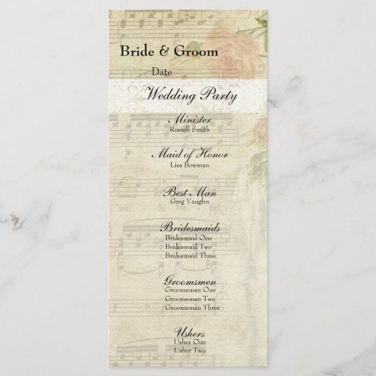 Victoriaans muziek en Roos huwelijksprogramma Programmakaart (Voorkant)