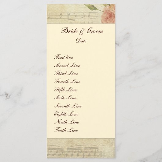 Victoriaans muziek Rozen bruiloft programma Programmakaart (Achterkant)