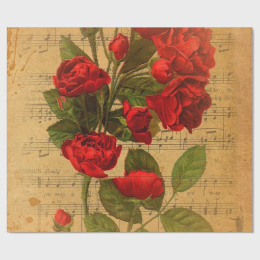 Victoriaans muziekblad Waterverf Roos achtergrond Cadeaupapier (Vlak)