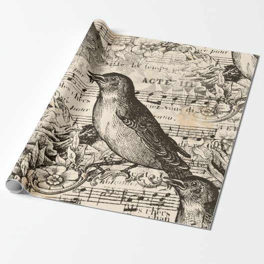 Victoriaans muziekvogels cadeaupapier (Uitgerold)