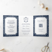 Victoriaans Navy Blue Catholic QR Code Wedding Drieluik Uitnodiging (Binnen)