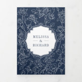 Victoriaans Navy Blue Catholic QR Code Wedding Drieluik Uitnodiging (Cover)