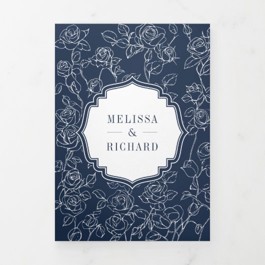 Victoriaans Navy Blue Catholic QR Code Wedding Drieluik Uitnodiging (Cover)