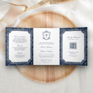 Victoriaans Navy Blue Catholic QR Code Wedding Drieluik Uitnodiging