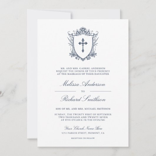 Victoriaans Navy Blue Catholic QR Code Wedding Kaart (Voorkant)