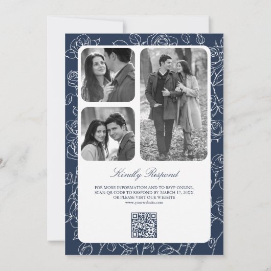 Victoriaans Navy Blue Catholic QR Code Wedding Kaart (Achterkant)