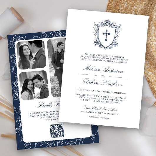 Victoriaans Navy Blue Catholic QR Code Wedding Kaart