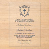 Victoriaans Navy Blue Catholic Wedding Acryl Uitnodigingen (Voorkant)