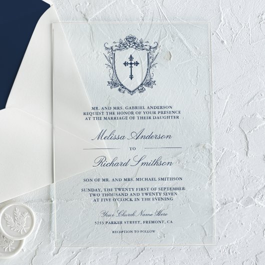 Victoriaans Navy Blue Catholic Wedding Acryl Uitnodigingen