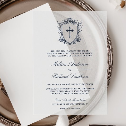 Victoriaans Navy Blue Catholic Wedding Vellum Uitnodigingen