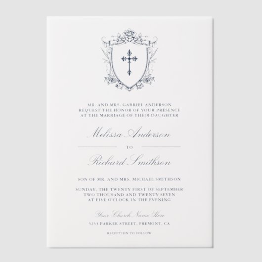 Victoriaans Navy Blue Catholic Wedding Vellum Uitnodigingen (Voorkant)