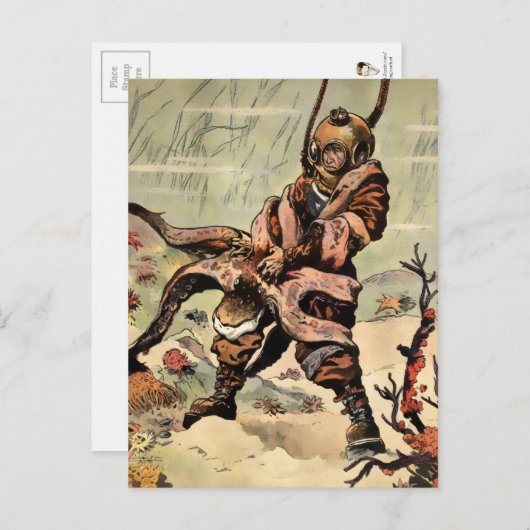 Victoriaans Octopus Diver Fight Briefkaart (Voorkant / Achterkant)