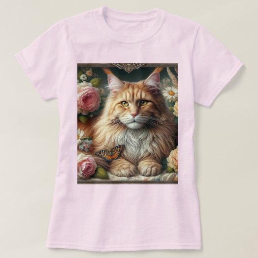 Victoriaans Oranje Maine Coon Cat met Roze Rozen T-shirt (Design voorkant)