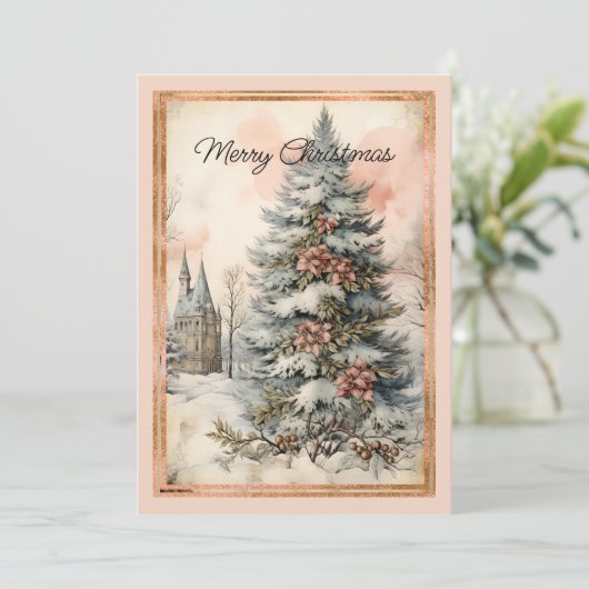 Victoriaans Outdoor Versierde Kerstboom Kerk Feestdagenkaart (Staand voorkant)