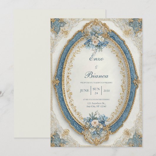 Victoriaans ovale blauwe bloemen bruiloft kaart (Voorkant / Achterkant)