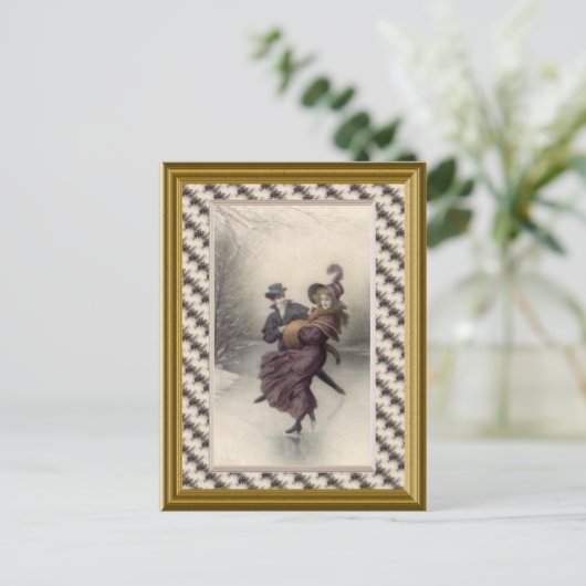 Victoriaans paar schaatsen briefkaart (Staand voorkant)