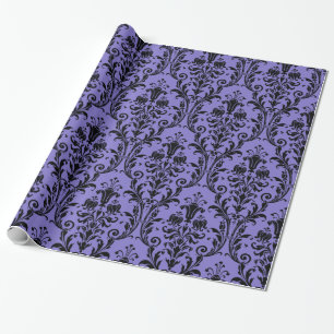 Victoriaans Paars en zwart Floral Swirl Damask Cadeaupapier
