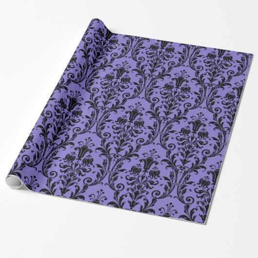 Victoriaans Paars en zwart Floral Swirl Damask Cadeaupapier (Uitgerold)