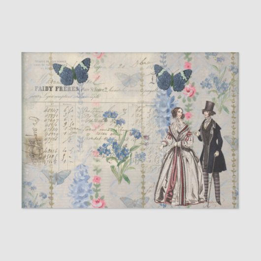 Victoriaans paarse amper blauwe vlinders, bloemen tissuepapier (Voorkant)