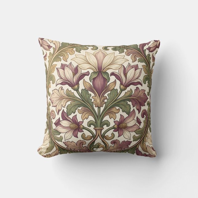 Victoriaans Paarse Crème Ornate Bloemmotief  Kussen (Voorkant)
