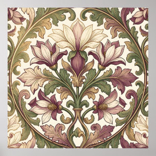 Victoriaans Paarse Crème Ornate Bloemmotief Poster