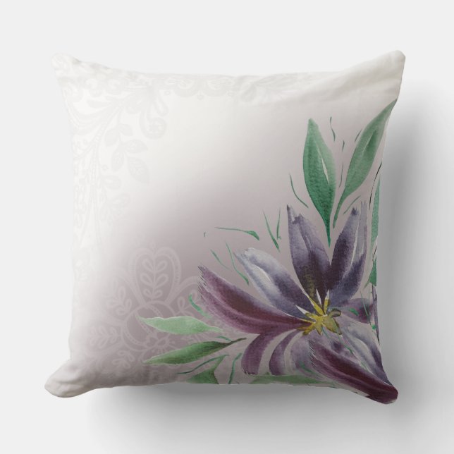 Victoriaans Paarse Lace Lotus Waterverf Buitenkussen (Voorkant)