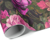 Victoriaans Paarse Rozen Patroon op zwart Cadeaupapier (Rol Hoek)