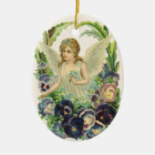 Victoriaans Paasengel met Paarse Pansy Flowers Keramisch Ornament (Voorkant)