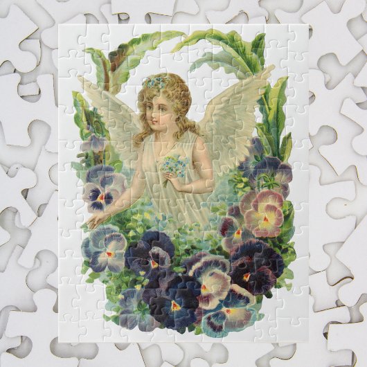 Victoriaans Paasengel met Paarse Pansy Flowers Legpuzzel