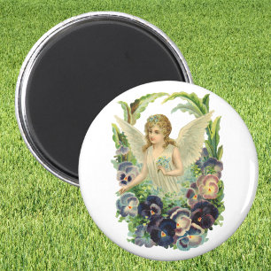 Victoriaans Paasengel met Paarse Pansy Flowers Magneet