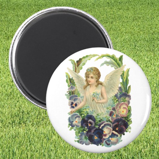 Victoriaans Paasengel met Paarse Pansy Flowers Magneet