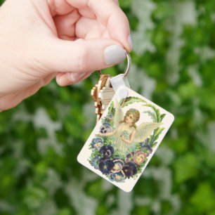 Victoriaans Paasengel met Paarse Pansy Flowers Sleutelhanger