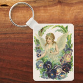 Victoriaans Paasengel met Paarse Pansy Flowers Sleutelhanger (Voorkant)